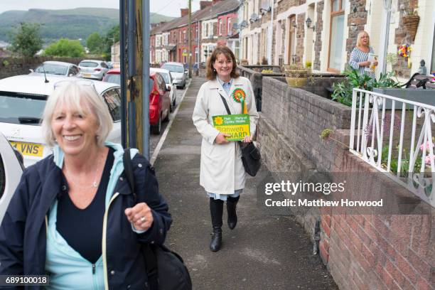 Leader of Plaid Cymru Leanne Wood campaigning in Rhondda Cynon Taf on behalf of candidate Branwen Cennard on May 27, 2017 in Porth, Wales. A general...