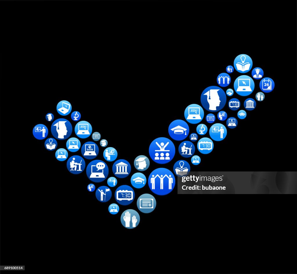 Controle van de Mark E-learning en universiteitsonderwijs blauwe knop patroon