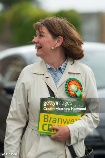 Leader of Plaid Cymru Leanne Wood smiles while door-to-door campaigning in Rhondda Cynon Taf on behalf of candidate Branwen Cennard on May 27, 2017...