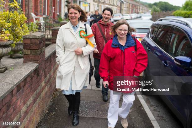 Leader of Plaid Cymru Leanne Wood smiels while campaigning in Rhondda Cynon Taf on behalf of candidate Branwen Cennard on May 27, 2017 in Porth,...