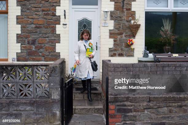Leader of Plaid Cymru Leanne Wood campaigning in Rhondda Cynon Taf on behalf of candidate Branwen Cennard on May 27, 2017 in Porth, Wales. A general...