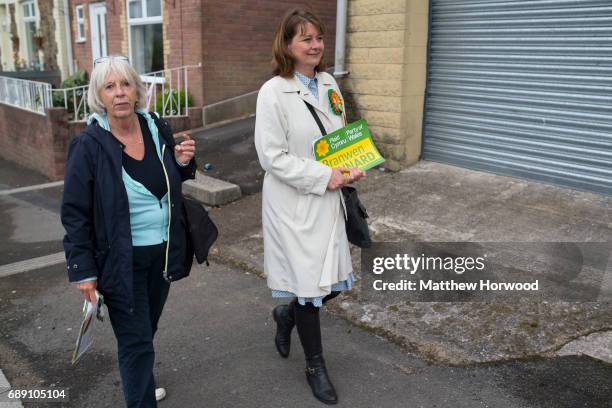 Leader of Plaid Cymru Leanne Wood campaigning in Rhondda Cynon Taf on behalf of candidate Branwen Cennard on May 27, 2017 in Porth, Wales. A general...