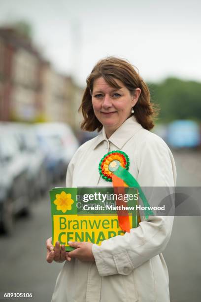 Leader of Plaid Cymru Leanne Wood poses for a picture while campaigning in Rhondda Cynon Taf on behalf of candidate Branwen Cennard on May 27, 2017...