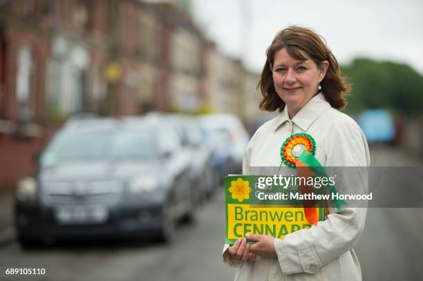 Leader of Plaid Cymru Leanne Wood poses for a picture while campaigning in Rhondda Cynon Taf on behalf of candidate Branwen Cennard on May 27, 2017...