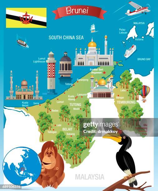 cartoon map of brunei - singapore national flag stock illustrations