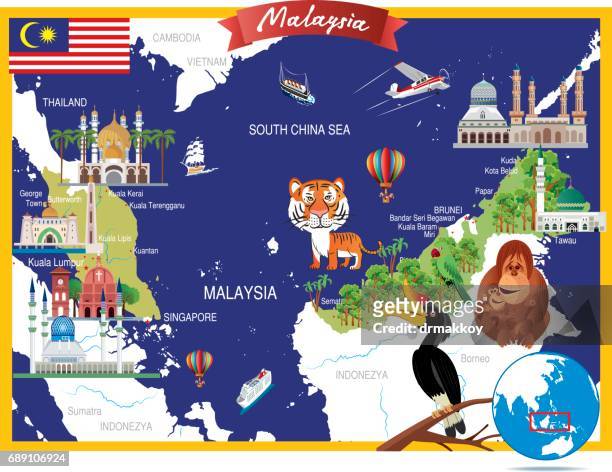 cartoon map of malaysia - singapore national flag stock illustrations