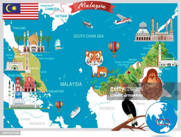 cartoon map of malaysia - singapore national flag stock illustrations