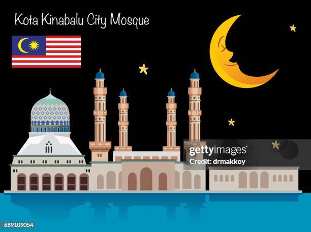 ilustraciones, imágenes clip art, dibujos animados e iconos de stock de kota kinabalu mezquita de la ciudad - kota kinabalu