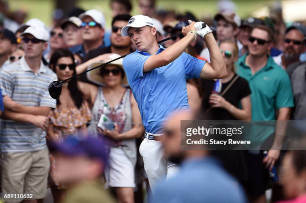 Jordan Spieth plays his shot from the third tee during Round Three of the DEAN & DELUCA Invitational at Colonial Country Club on May 27, 2017 in Fort...
