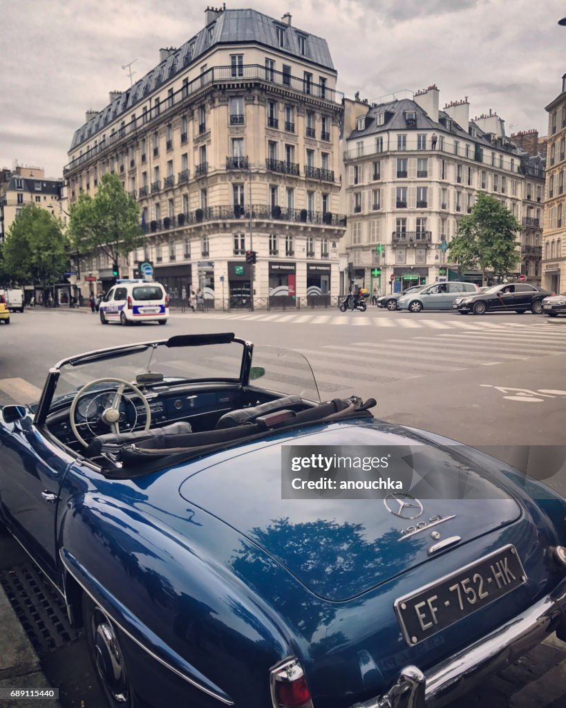 Vintage convertible Mercedes car parked in Saint Germain, Paris, France