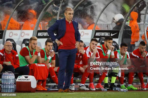 Head coach Bosko Djurovski of Crvena Zvezda looks on during the final match of Serbian Cup between Fc Partizan and Fc Crvena Zvezda on May 27, 2017...