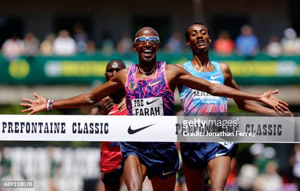Mo Farah of Great Britain crosses the finish line to win the 5000m during the 2017 Prefontaine Classic Diamond League at Hayward Field on May 27,...