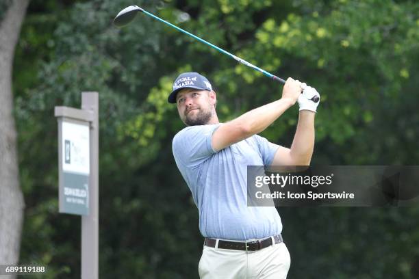 Ryan Moore hits from the 12th tee during the third round of the Dean & Deluca Invitational on May 27, 2017 at Colonial Country Club in Fort Worth, TX