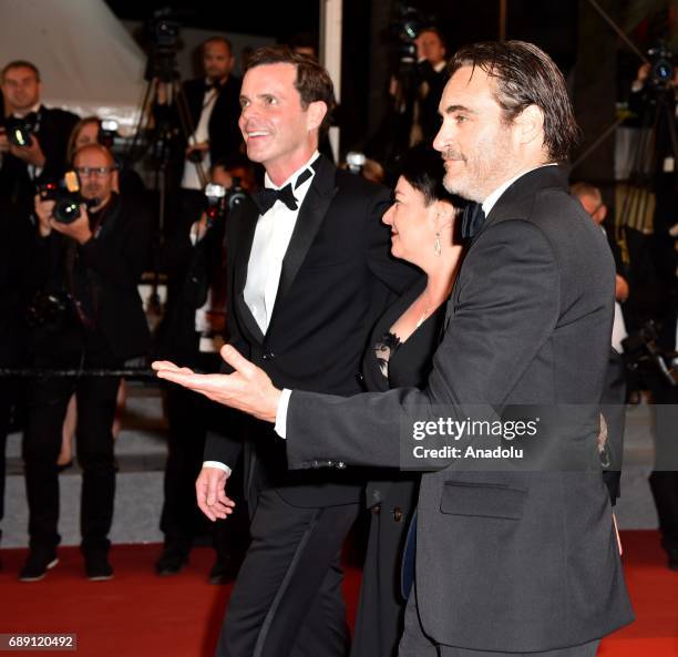 Actor Alex Manette, Scottish director Lynne Ramsay and US actor Joaquin Phoenix and US actor John Doman arrive for the film You Were Never Really...