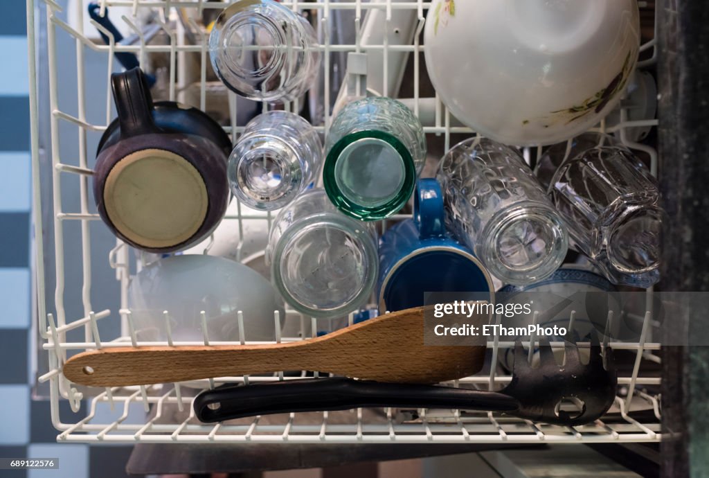 Dirty dishes in a dishwasher