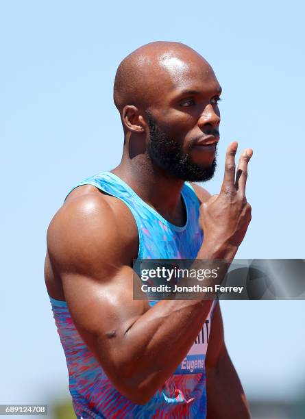 LeShawn Merritt of USA celebrates winning the 400m during the 2017 Prefontaine Classic Diamond League at Hayward Field on May 27, 2017 in Eugene,...