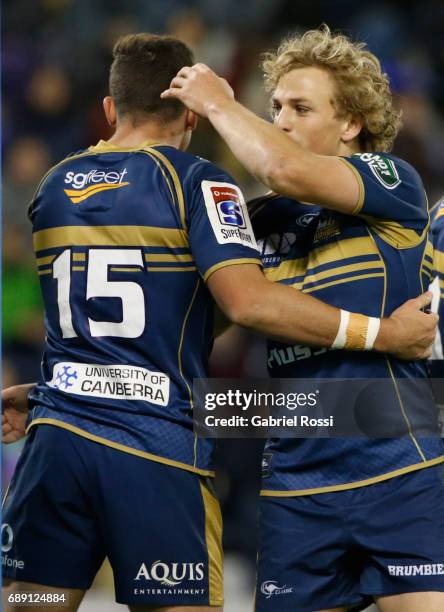 Thomas Banks of Brumbies celebrates with Joe Powell after scoring a try during a match between Jaguares v Brumbies as part of Super Rugby Rd 14 at...