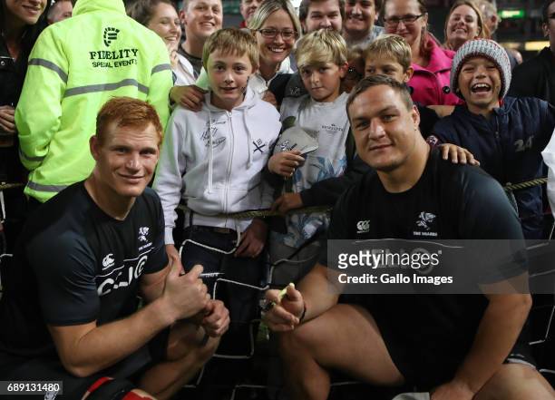 Philip van der Walt with Coenie Oosthuizen during the Super Rugby match between Cell C Sharks and DHL Stormers at Growthpoint Kings Park on May 27,...
