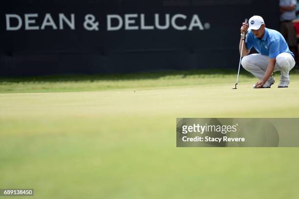 Jordan Spieth lines up a putt on the 17th green during Round Three of the DEAN & DELUCA Invitational at Colonial Country Club on May 27, 2017 in Fort...