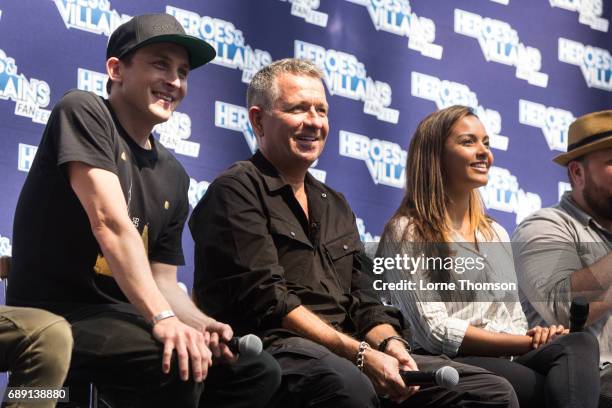 Robin Lord Taylor, Sean Pertwee and Jessica Lucas take part in the Gotham panel, on day one of the Heroes and Villians Convention at Olympia London...