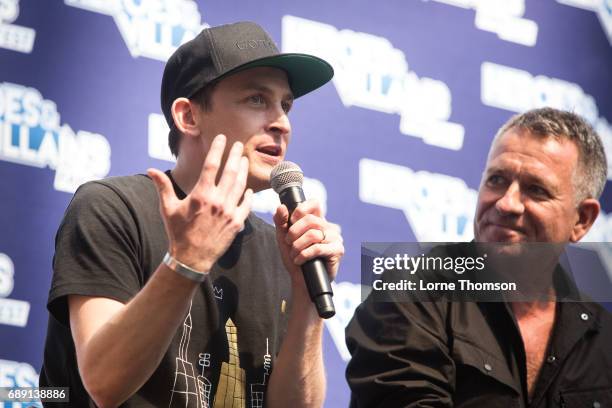 Robin Lord Taylor and Sean Pertwee take part in the Gotham panel, on day one of the Heroes and Villians Convention at Olympia London on May 27, 2017...