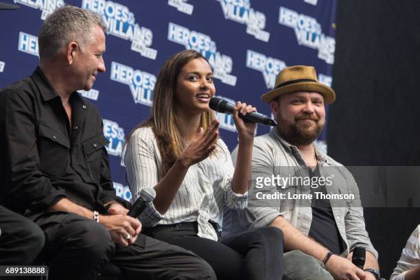 Sean Pertwee, Jessica Lucas and Drew Powell take part in the Gotham panel, on day one of the Heroes and Villians Convention at Olympia London on May...