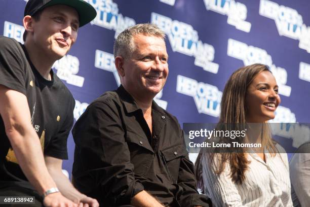 Robin Lord Taylor, Sean Pertwee and Jessica Lucas take part in the Gotham panel, on day one of the Heroes and Villians Convention at Olympia London...