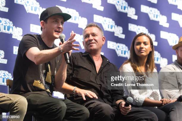 Robin Lord Taylor, Sean Pertwee and Jessica Lucas take part in the Gotham panel, on day one of the Heroes and Villians Convention at Olympia London...