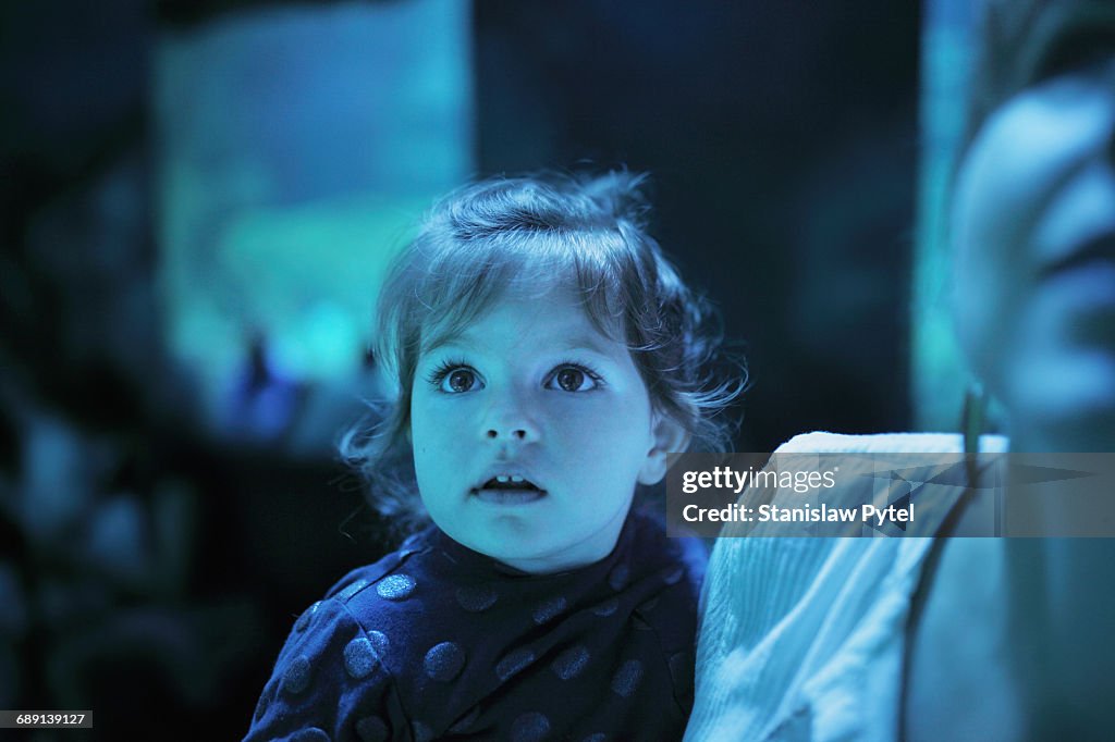 Girl on mother shoulders admiring exhibition