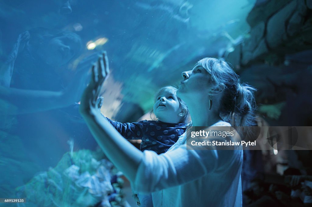 Girl on mother shoulders admiring aquarium