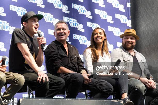 Robin Lord Taylor, Sean Pertwee, Jessica Lucas and Drew Powell take part in the Gotham Panel, on day one of the Heroes and Villians Convention at...