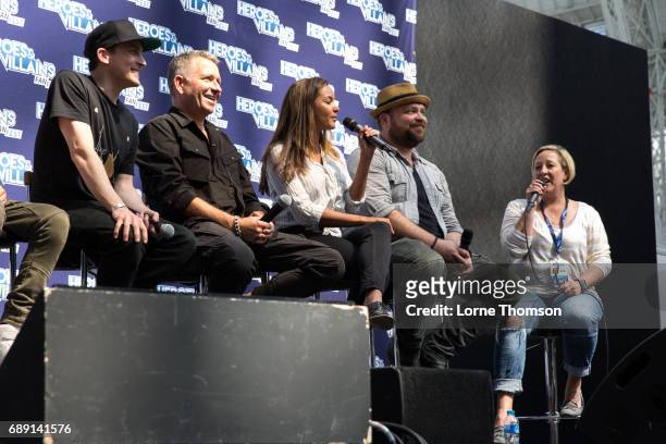 Robin Lord Taylor, Sean Pertwee, Jessica Lucas and Drew Powell take part in the Gotham Panel, on day one of the Heroes and Villians Convention at...
