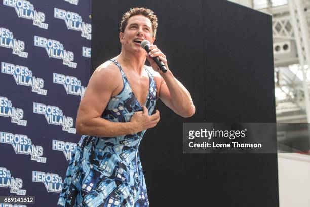 John Barrowman takes questions from the audience, on day one of the Heroes and Villians Convention at Olympia London on May 27, 2017 in London,...