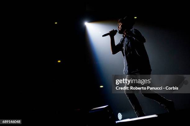 Italian singer Fabrizio Moro performs in concert at Palalottomatica Arena on May 26, 2017 in Rome, Italy.