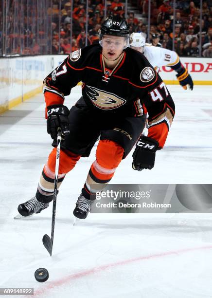 Hampus Lindholm of the Anaheim Ducks handles the puck during the game against the Nashville Predators in Game Five of the Western Conference Final...