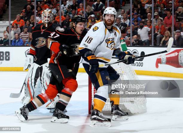 James Neal of the Nashville Predators skates against Hampus Lindholm of the Anaheim Ducks in Game Five of the Western Conference Final during the...