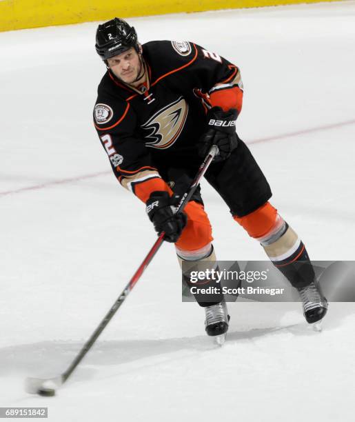 Kevin Bieksa of the Anaheim Ducks handles the puck against the Nashville Predators in Game Five of the Western Conference Final during the 2017 NHL...