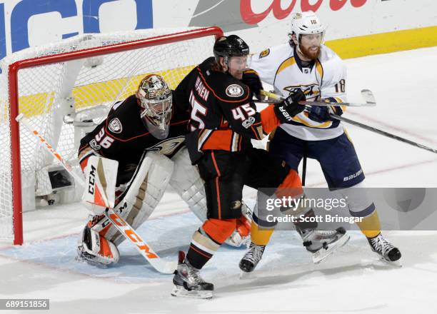 Sami Vatanen and John Gibson of the Anaheim Ducks defend the net against James Neal of the Nashville Predators in Game Five of the Western Conference...