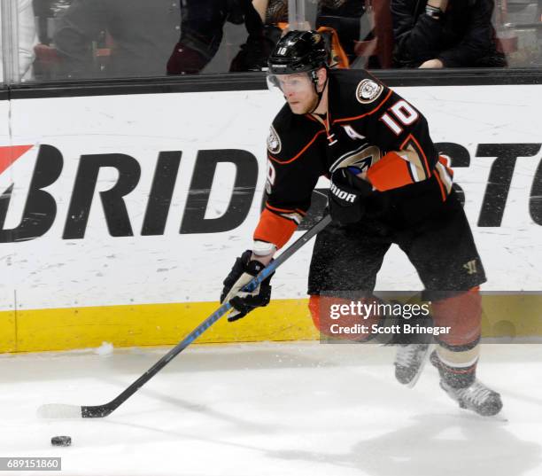 Corey Perry of the Anaheim Ducks handles the puck against the Nashville Predators in Game Five of the Western Conference Final during the 2017 NHL...