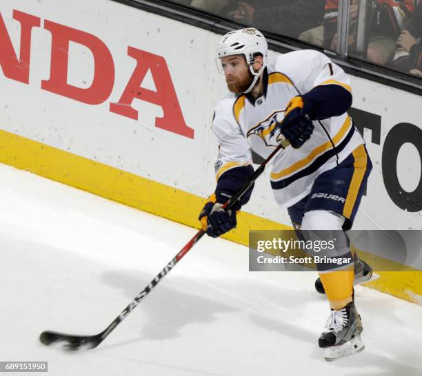 Yannick Weber of the Nashville Predators handles the puck against the Anaheim Ducks in Game Five of the Western Conference Final during the 2017 NHL...