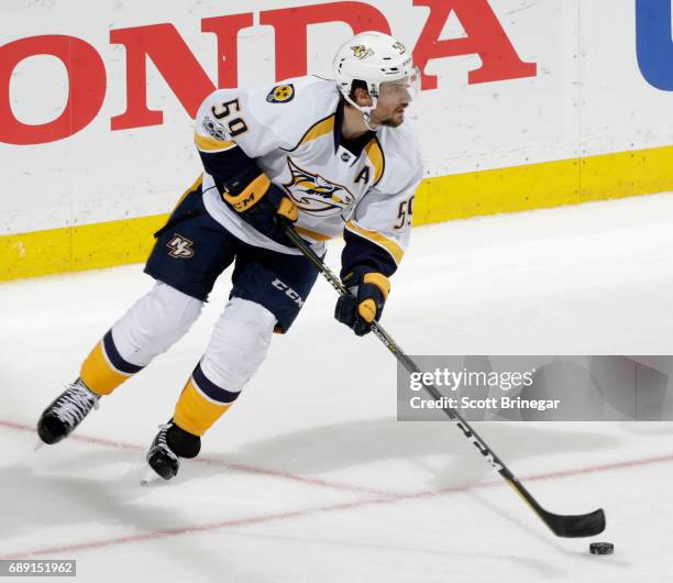 Roman Josi of the Nashville Predators handles the puck against the Anaheim Ducks in Game Five of the Western Conference Final during the 2017 NHL...