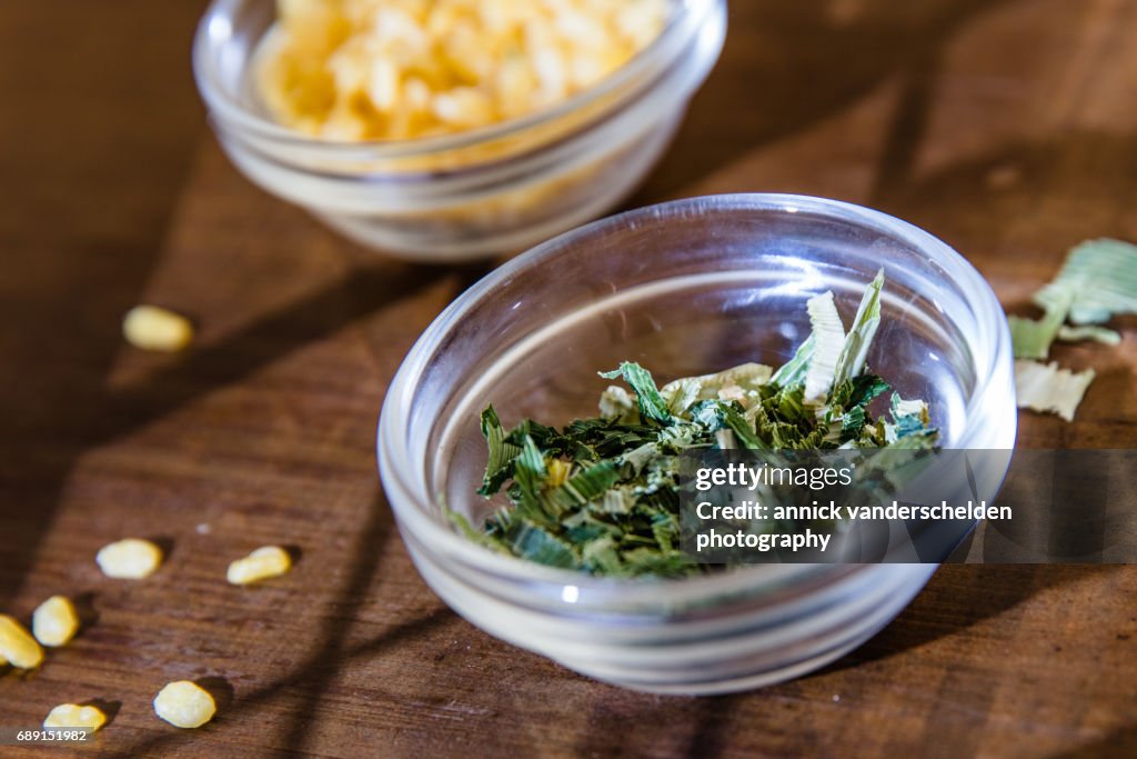 Pandanus leaves and mung beans.