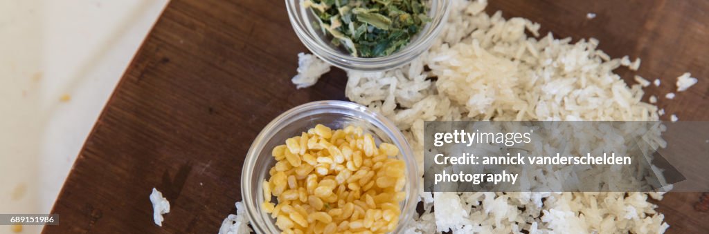 Sticky rice, pandanus leaves and mung beans.