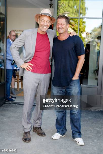 German actor Heiner Lauterbach and German actor Til Schweiger during Til Schweiger's opening of his 'Barefoot Hotel' on May 28, 2017 in Timmendorfer...