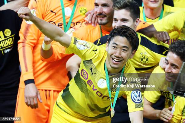 Shinji Kagawa of Dortmund players celebrate with the gold medal during at Olympiastadion on May 27, 2017 in Berlin, Germany.