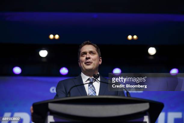 Andrew Scheer, leader of Canada's Conservative Party, speaks after being named the party's next leader during the Conservative Party Of Canada...