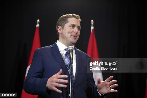 Andrew Scheer, leader of Canada's Conservative Party, speaks during a news conference following the Conservative Party Of Canada Leadership...