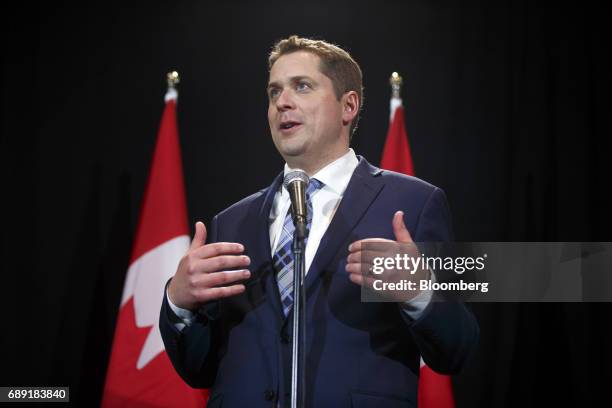 Andrew Scheer, leader of Canada's Conservative Party, speaks during a news conference following the Conservative Party Of Canada Leadership...