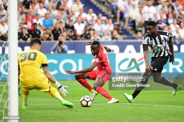 Blaise Matuidi of PSG sees his shot saved by goalkeeper Alexandre Letellier of Angers during the National Cup Final match between Angers SCO and...