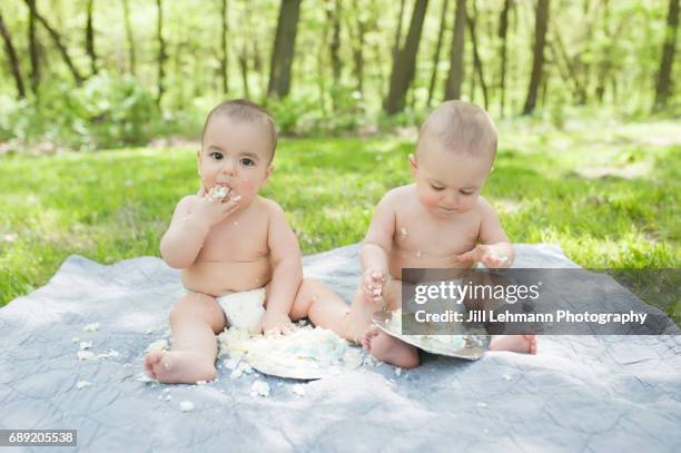 fraternal twins celebrate first birthday with cake smash - cake smashing stock pictures, royalty-free photos & images